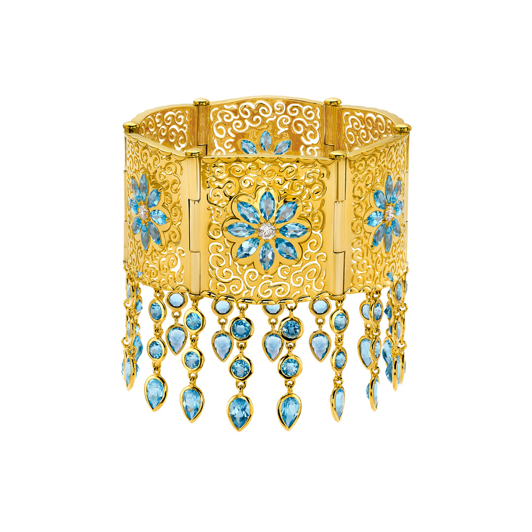 20K Yellow Gold Swiss Blue Topaz and Diamond Mandala Bracelet