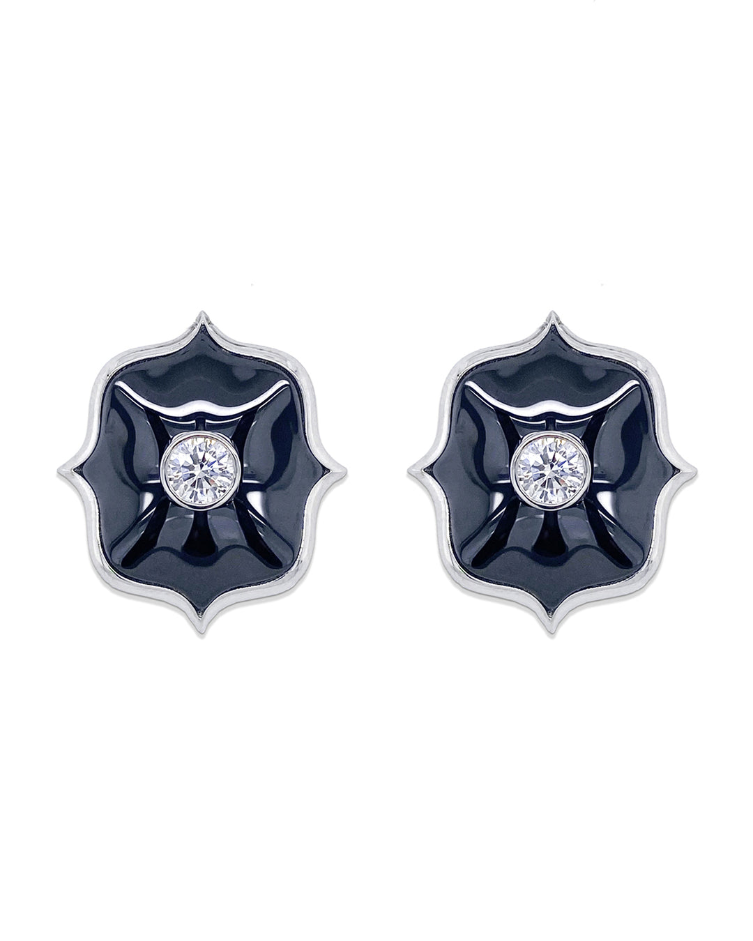 Platinum Black Ceramic Lotus and Diamond Earrings