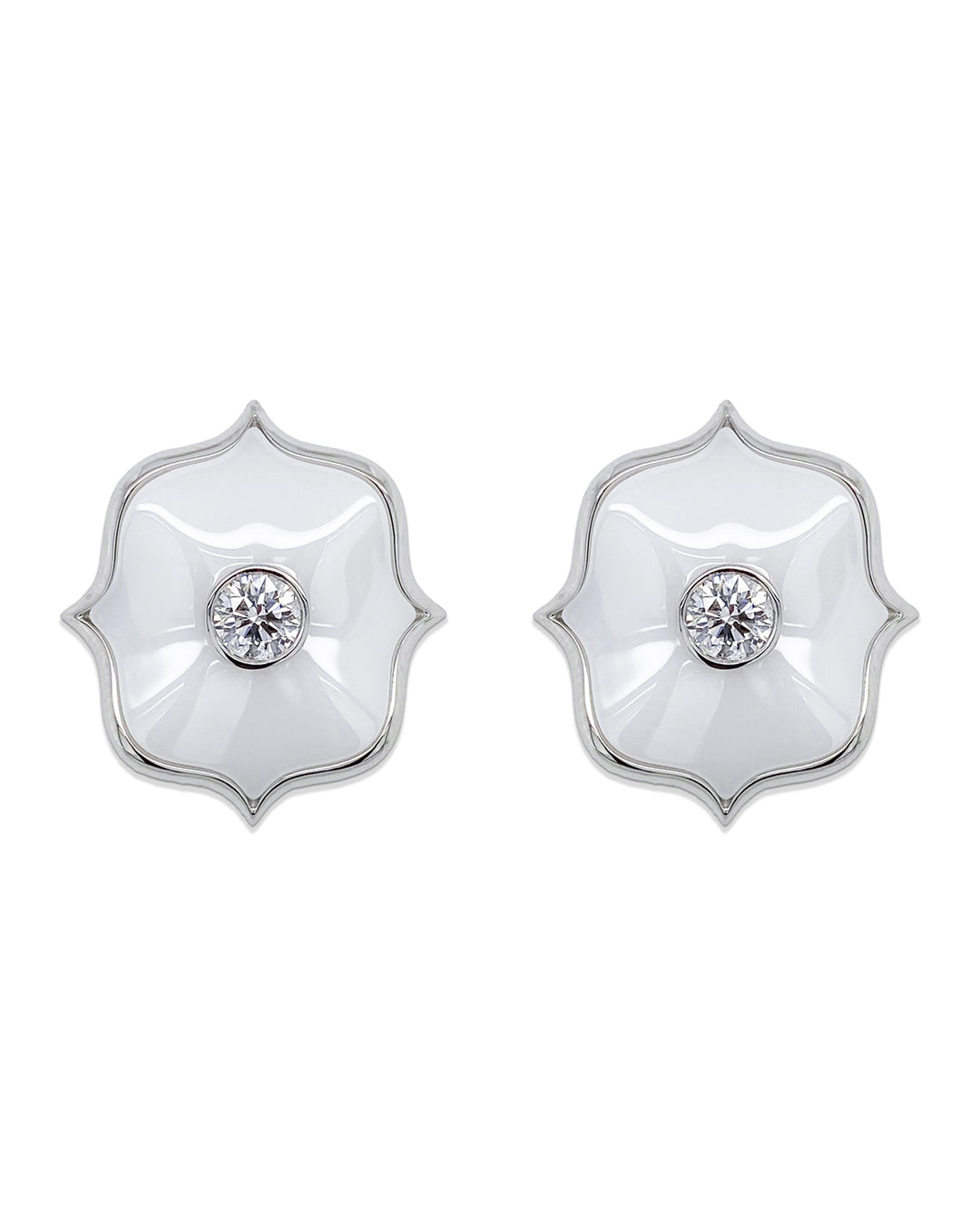 Platinum White Ceramic Lotus and Diamond Earrings