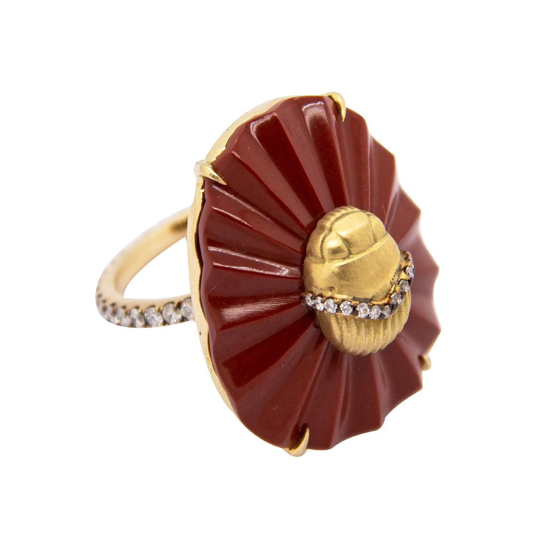 18K Yellow Gold Red Jasper and Diamond Egypt Scarab Ring