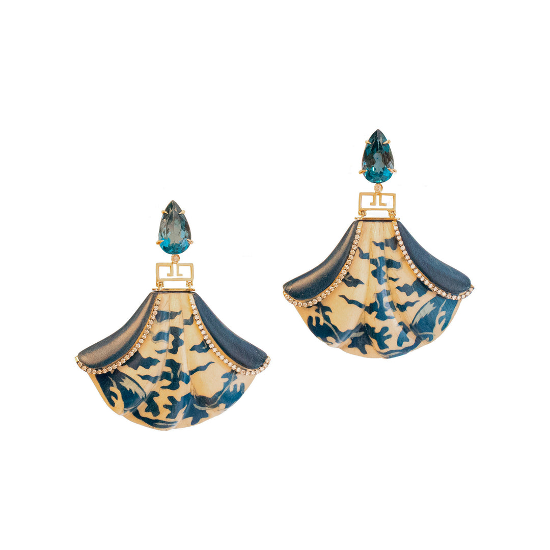 18K Yellow Gold Marqeutry London Blue Topaz and Diamond Earrings