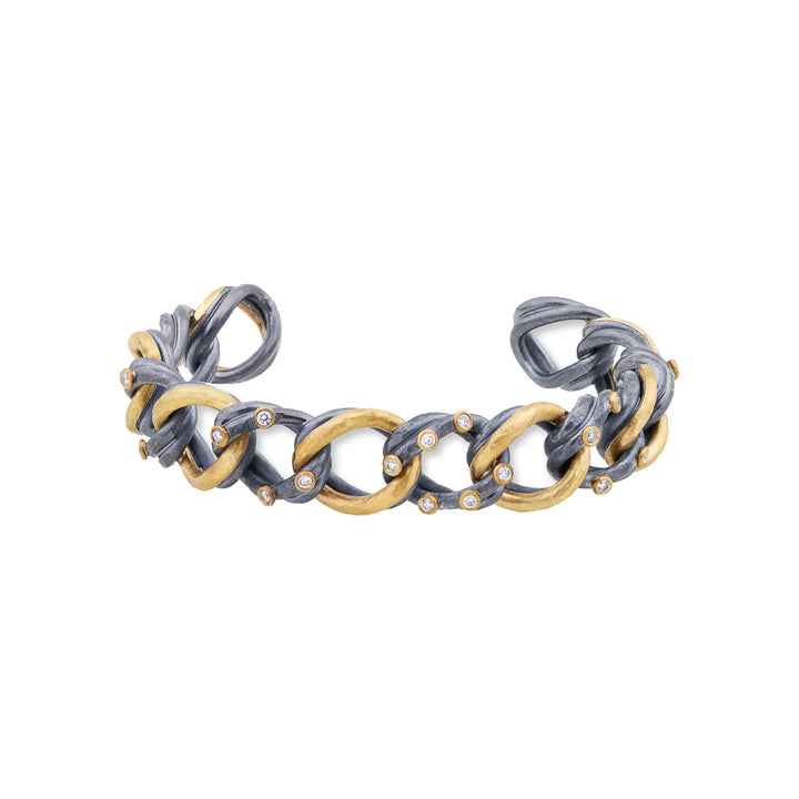 24K Yellow Gold and Oxidized Silver "Carol" Open Cuff Diamond Bracelet