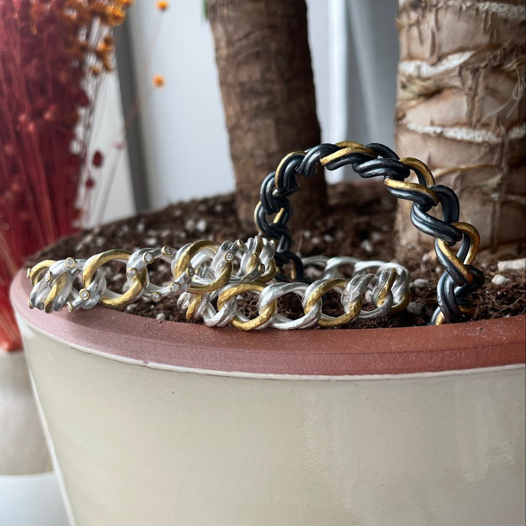 24K Yellow Gold and Sterling Silver "Carol" Open Cuff Diamond Bracelet