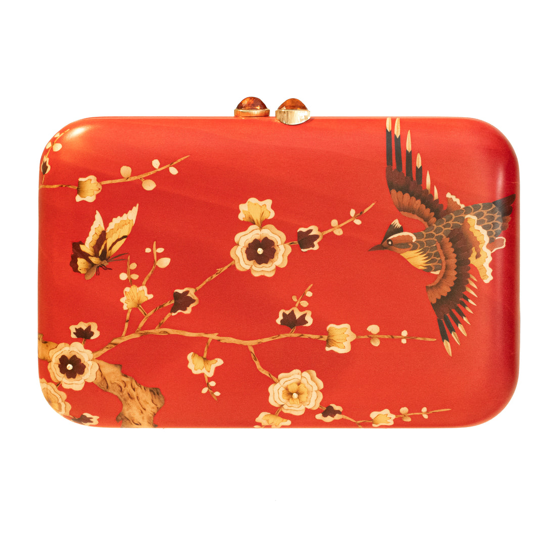 18K Yellow Gold Red Marquetry Asian Flower Clutch with Citrine