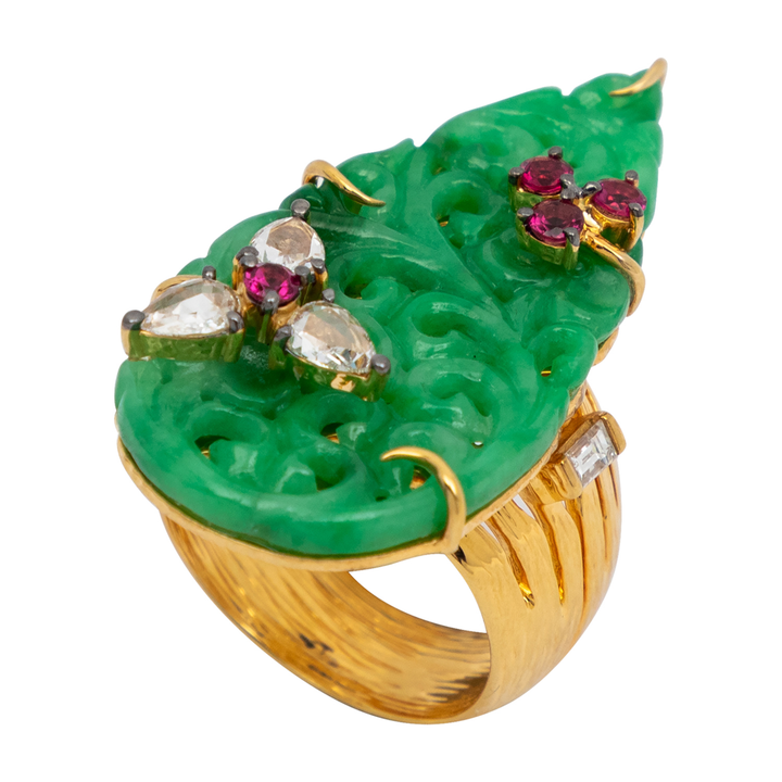 18K Yellow Gold & Carved Jade Ring with Diamonds and Rubies