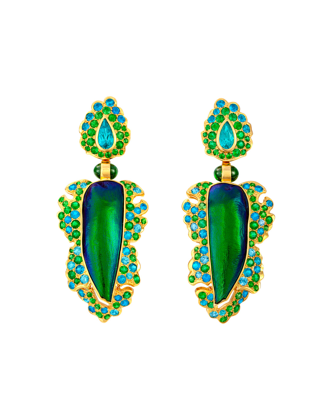18K Yellow Gold Apatite, Tsavorite, Zircon and Beetle Wings Earrings
