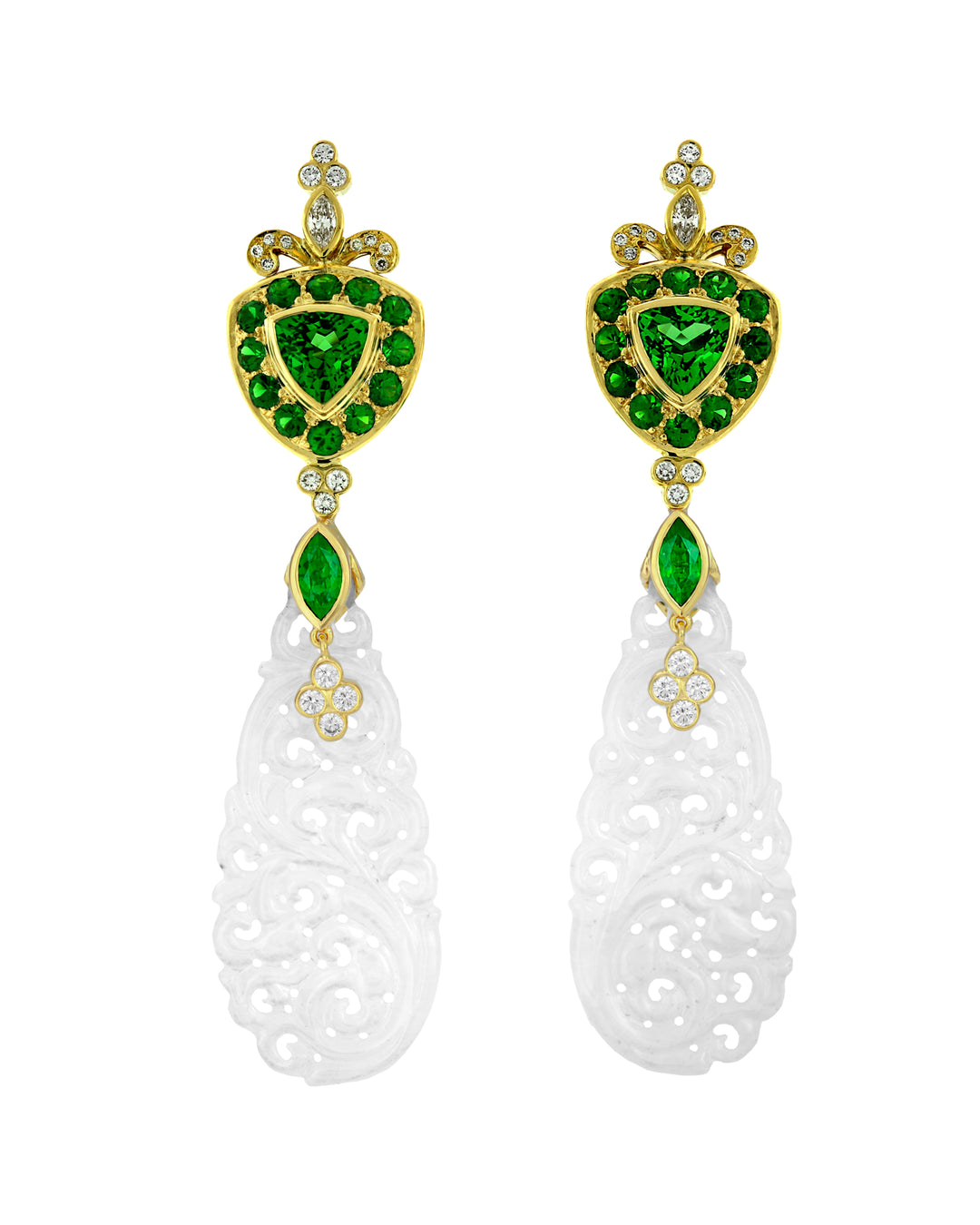 18K Yellow Gold Tsavorite, Jade and Diamond Earrings