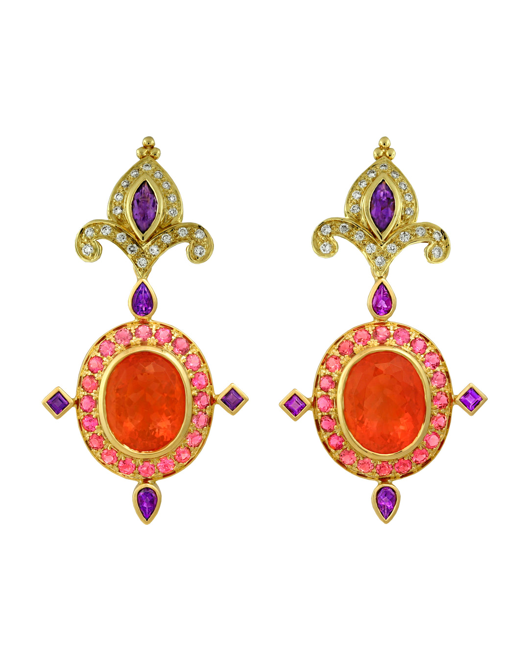 18K Yellow Gold Amethyst, Diamond, Opal and Tourmaline Earrings