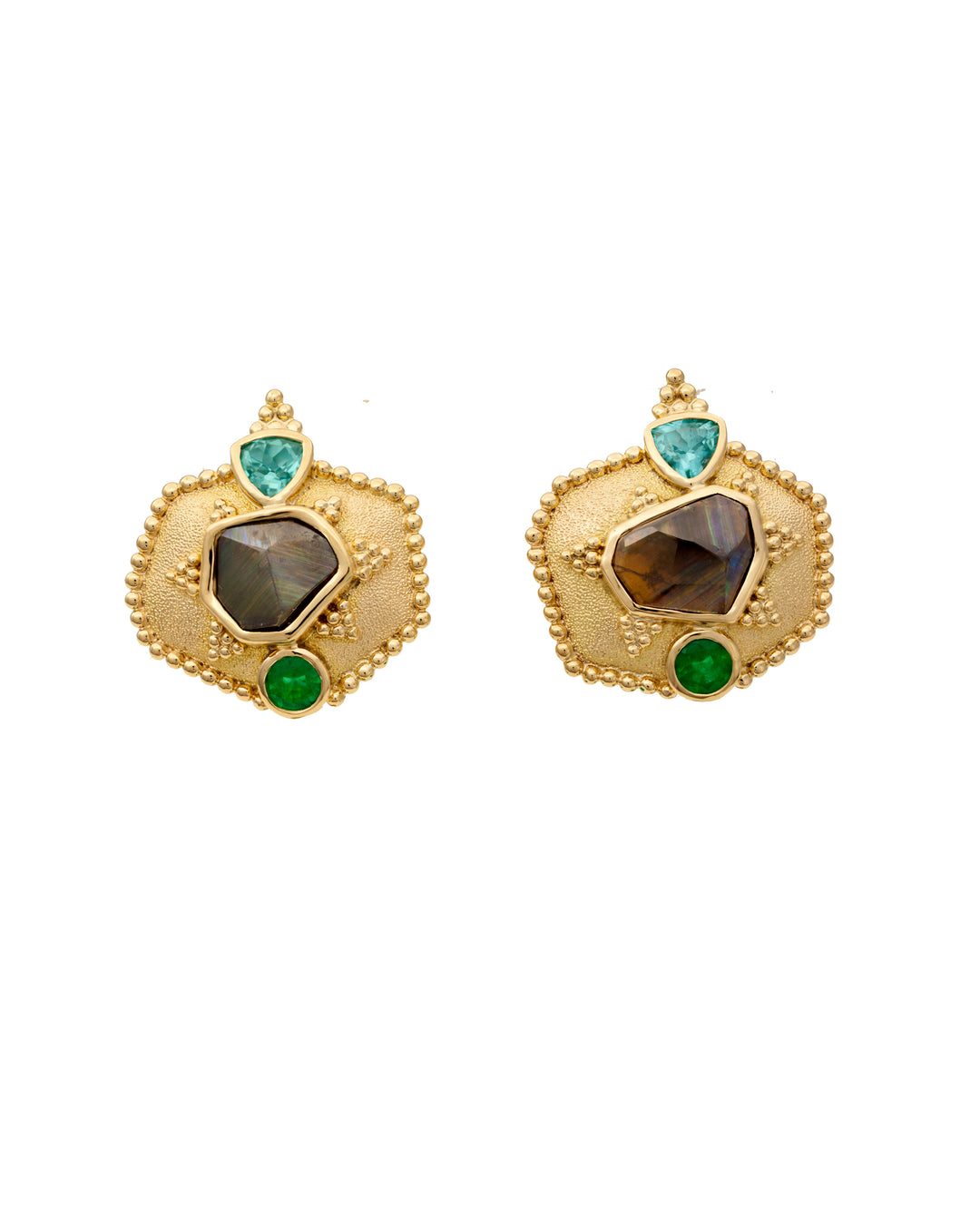 18K Yellow Gold Rainbow Garnet, Apatite and Emerald Earrings