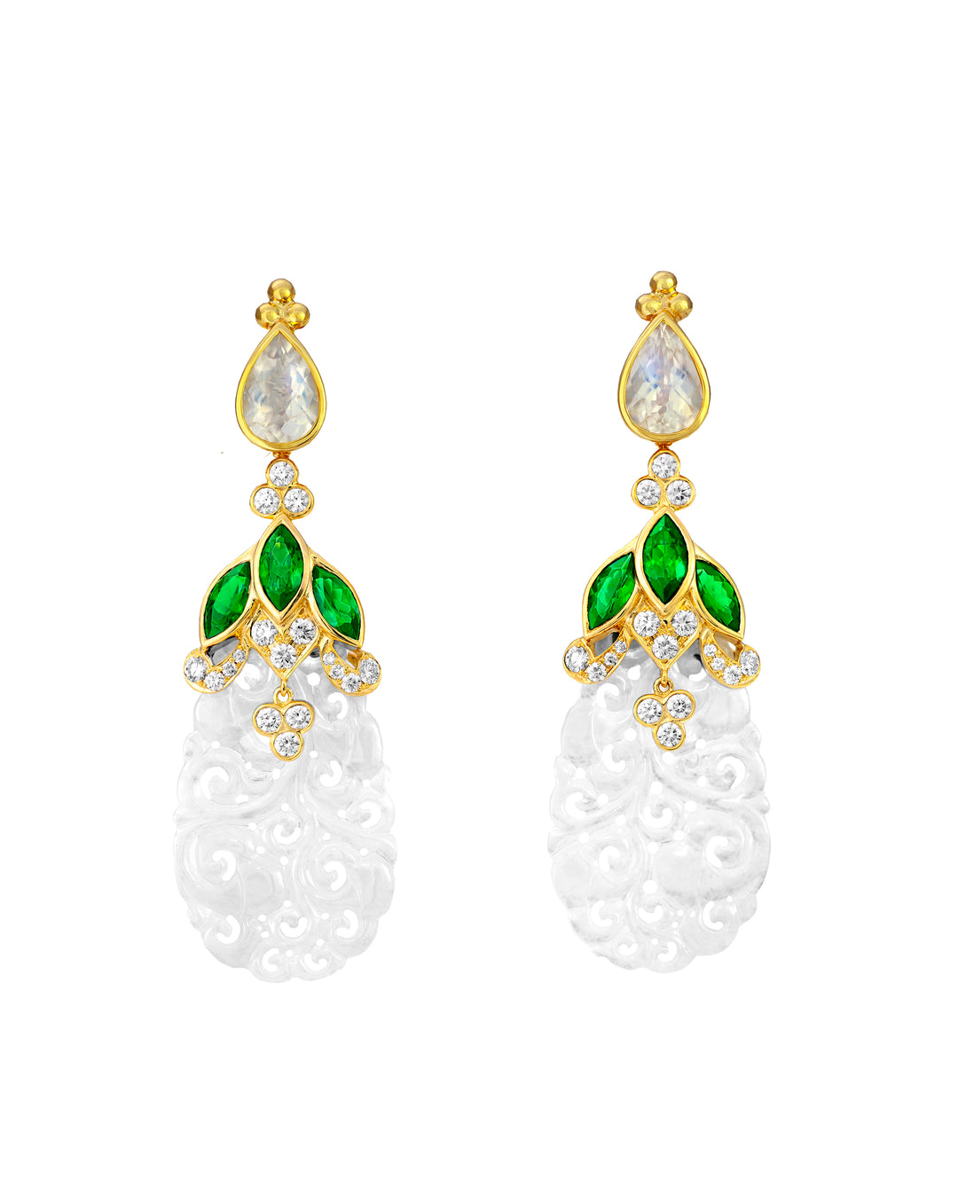 18K Yellow Gold Moonstone, Tsavorite, Diamond and Jade Earrings