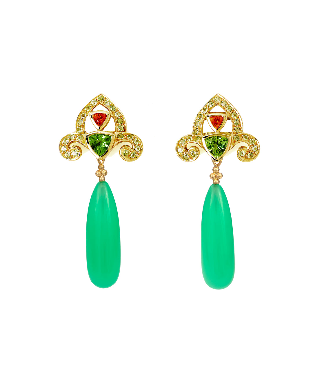 18K Yellow Gold Tourmalin, Garnet, Peridot and Chrysoprase Earrings