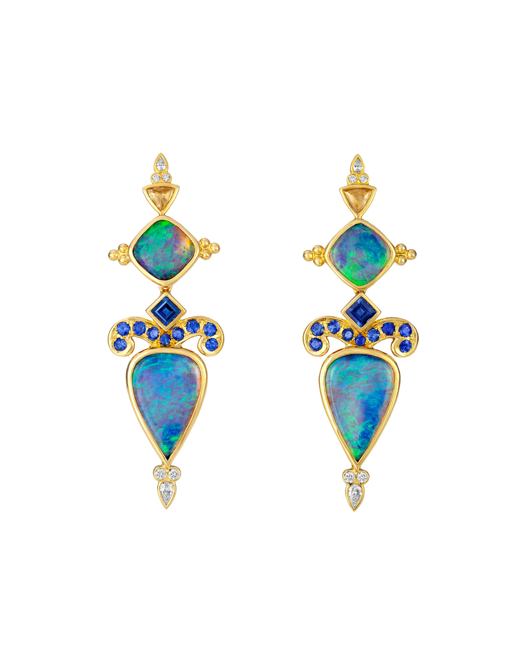 18K Yellow Gold Opal, Diamond and Sapphire Earrings