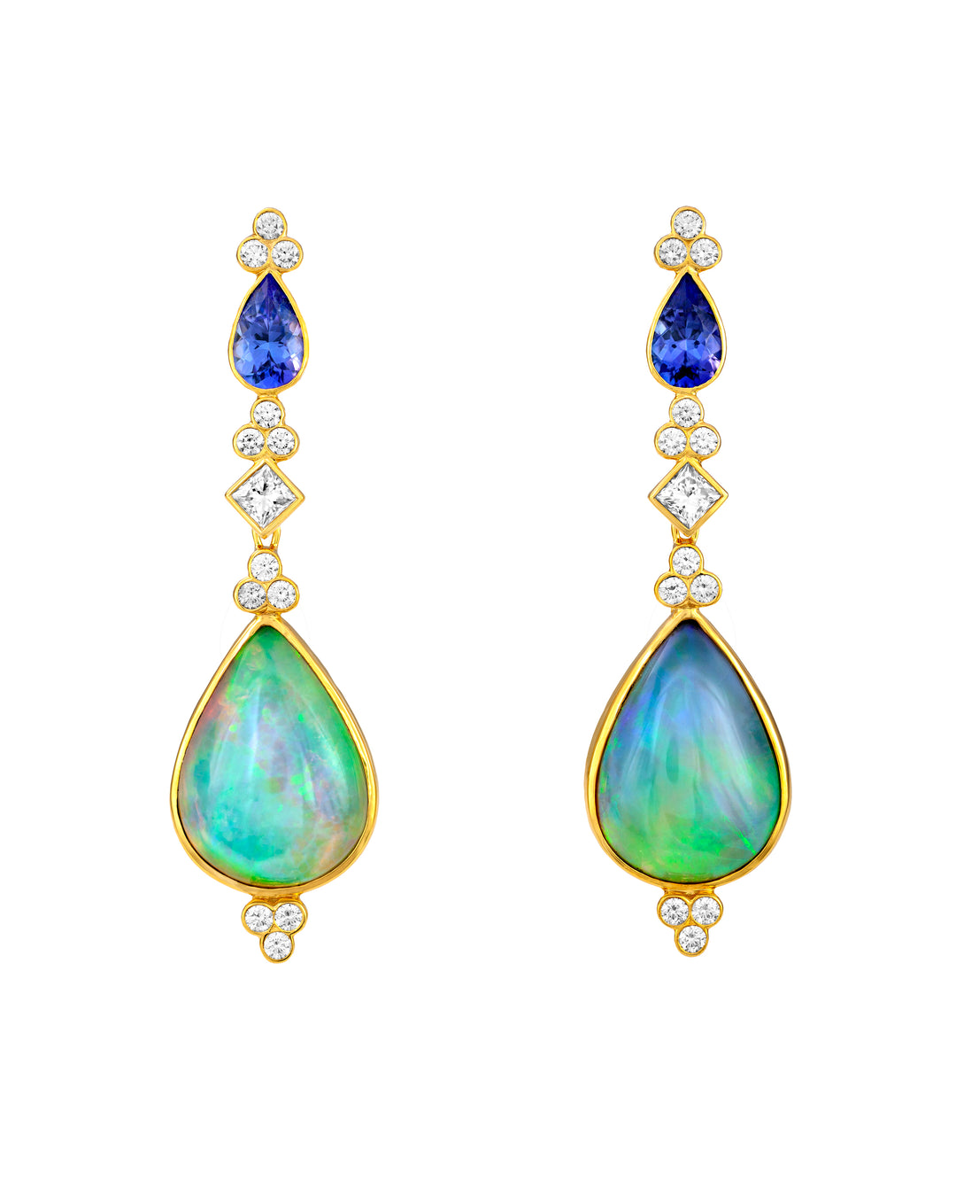 18K Yellow Gold Opal, Diamond and Tanzanite Earrings