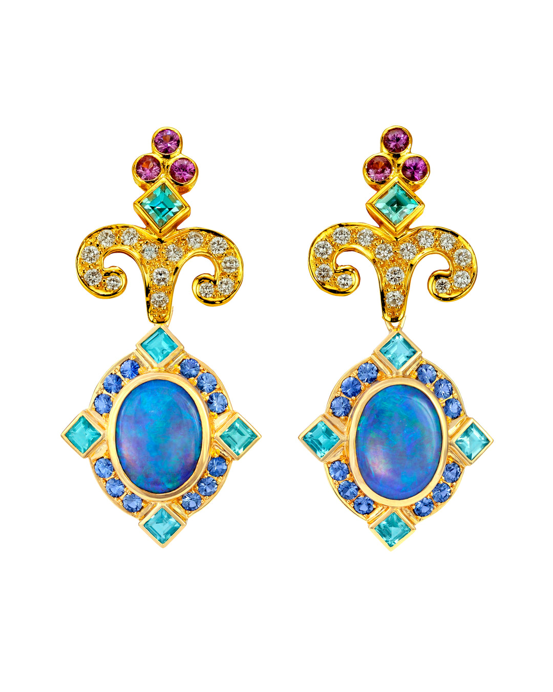 18K Yellow Gold Zircon, Sapphire, Apatite and Opal Earrings