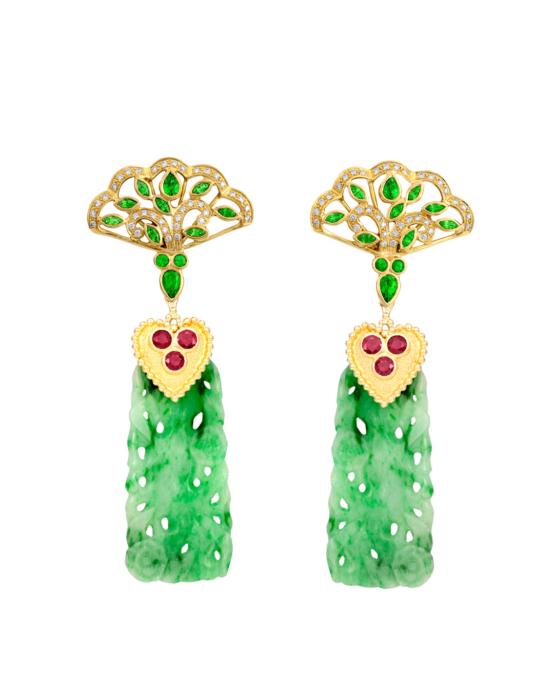18K Yellow Gold Tsavorite, Diamond, Ruby and Jade Earrings
