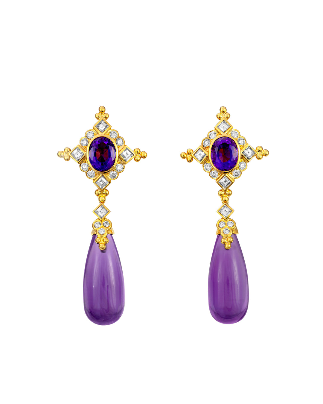 18K Yellow Gold Amethyst and Diamond Earrings