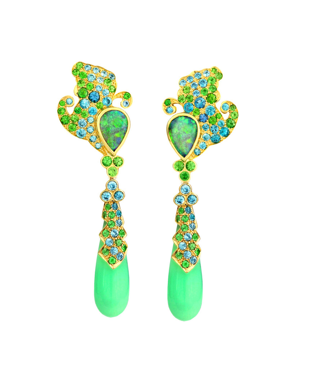 18K Yellow Gold Opal, Zircon and Tsavorite Earrings