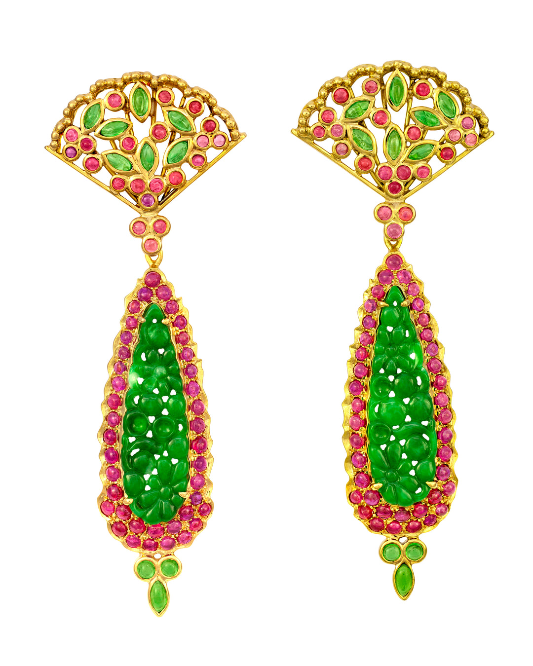 18K Yellow Gold Tsavorite, Spinel, Ruby and Jade Earrings
