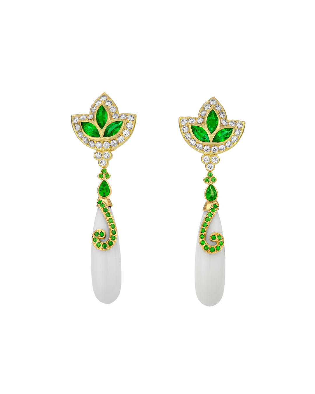 18K Yellow Gold Tsavorite, Diamonds and Coral Earrings