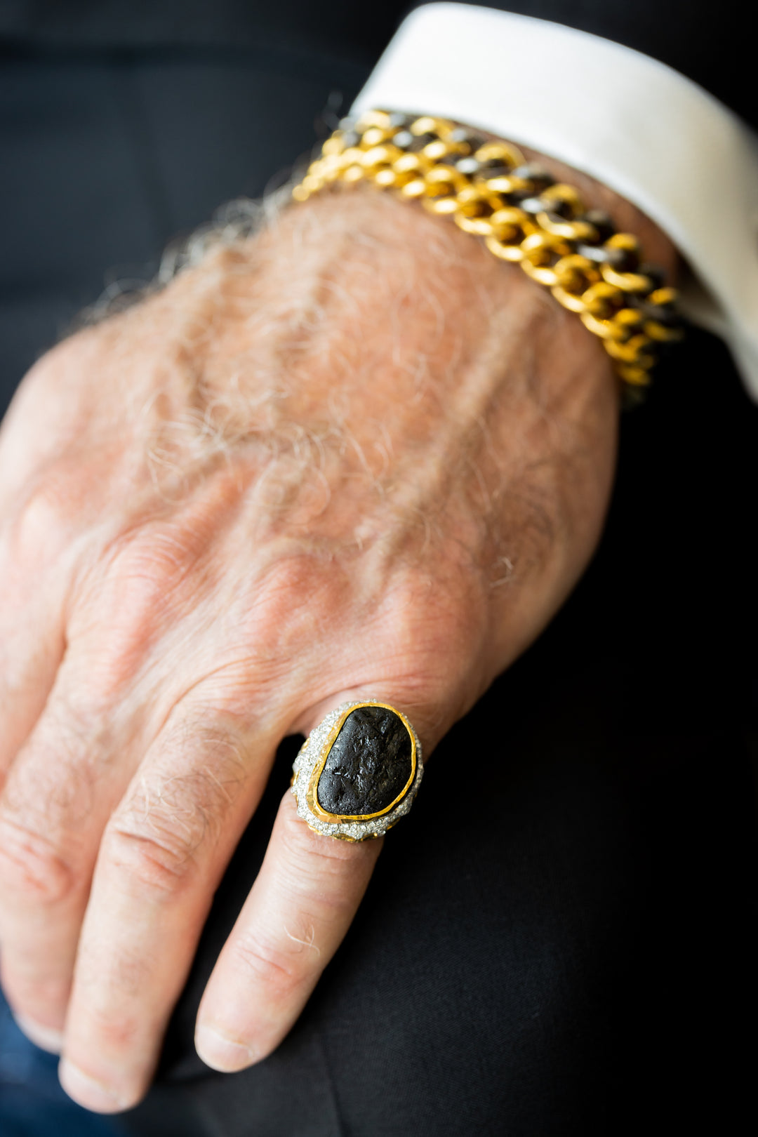 24K Yellow Gold and Oxidized Silver "Carol" Open Cuff Diamond Bracelet