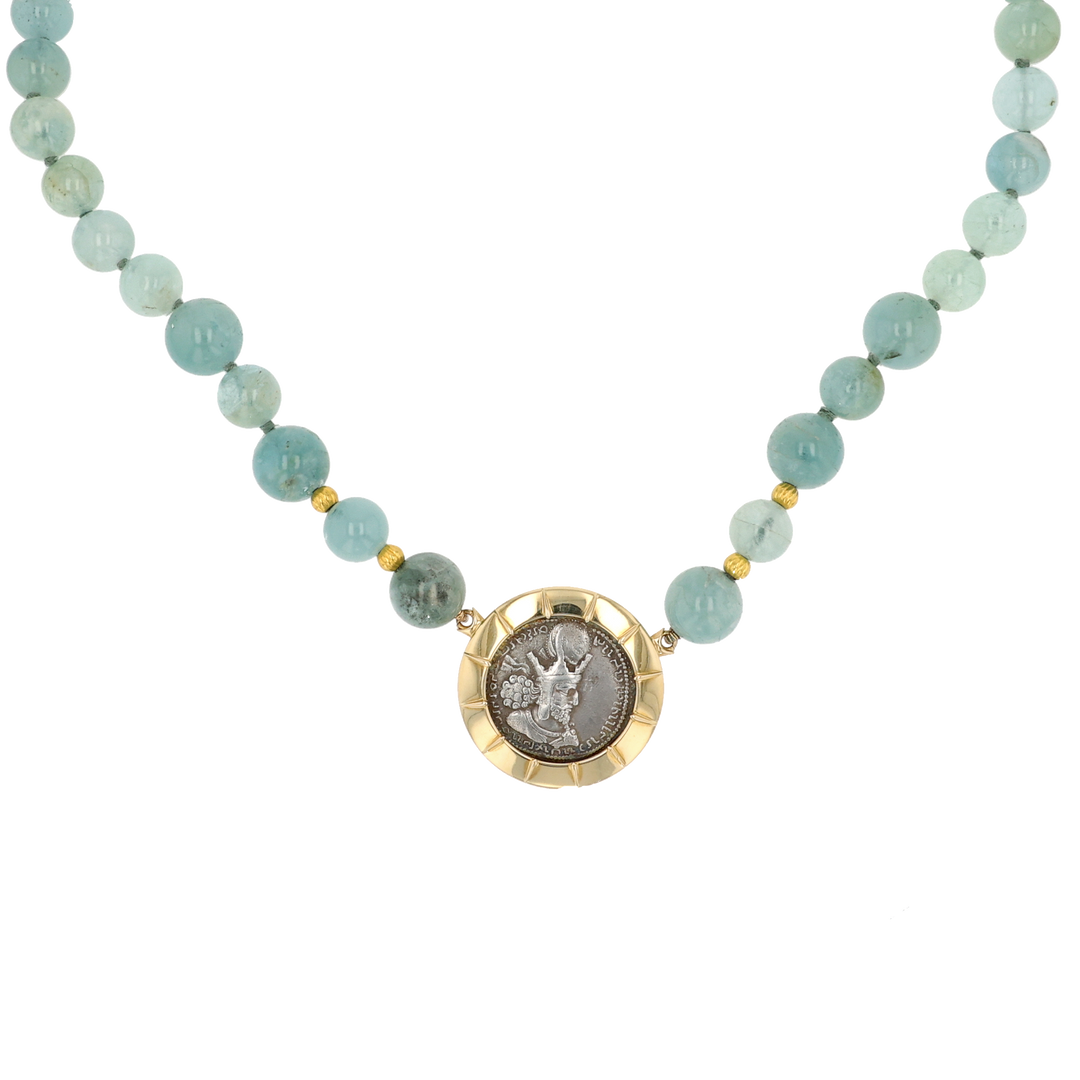 18K Yellow Gold Aquamarine and Sasanian Kings Roman Coin Necklace