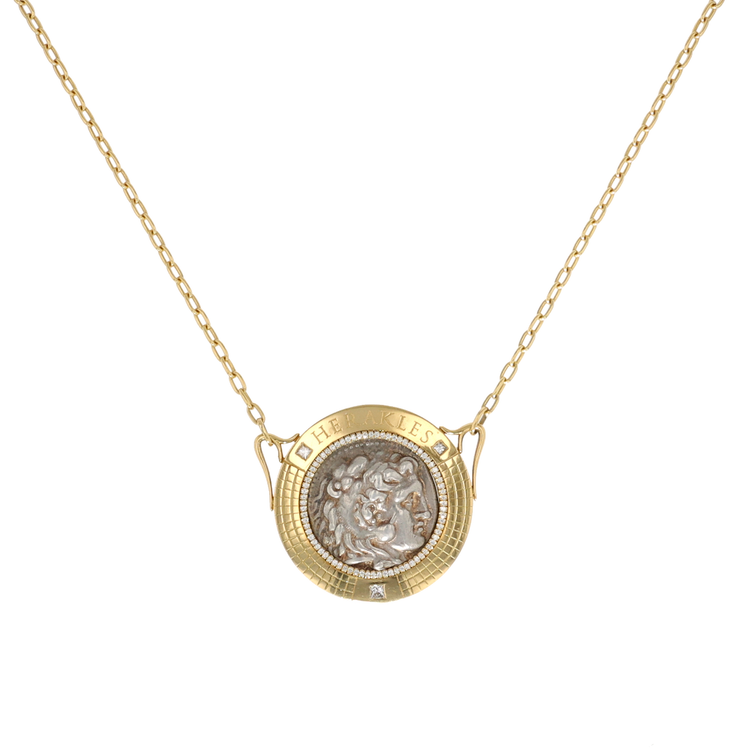 18K Yellow Gold Head of Herakles Greek Coin and Diamond Necklace