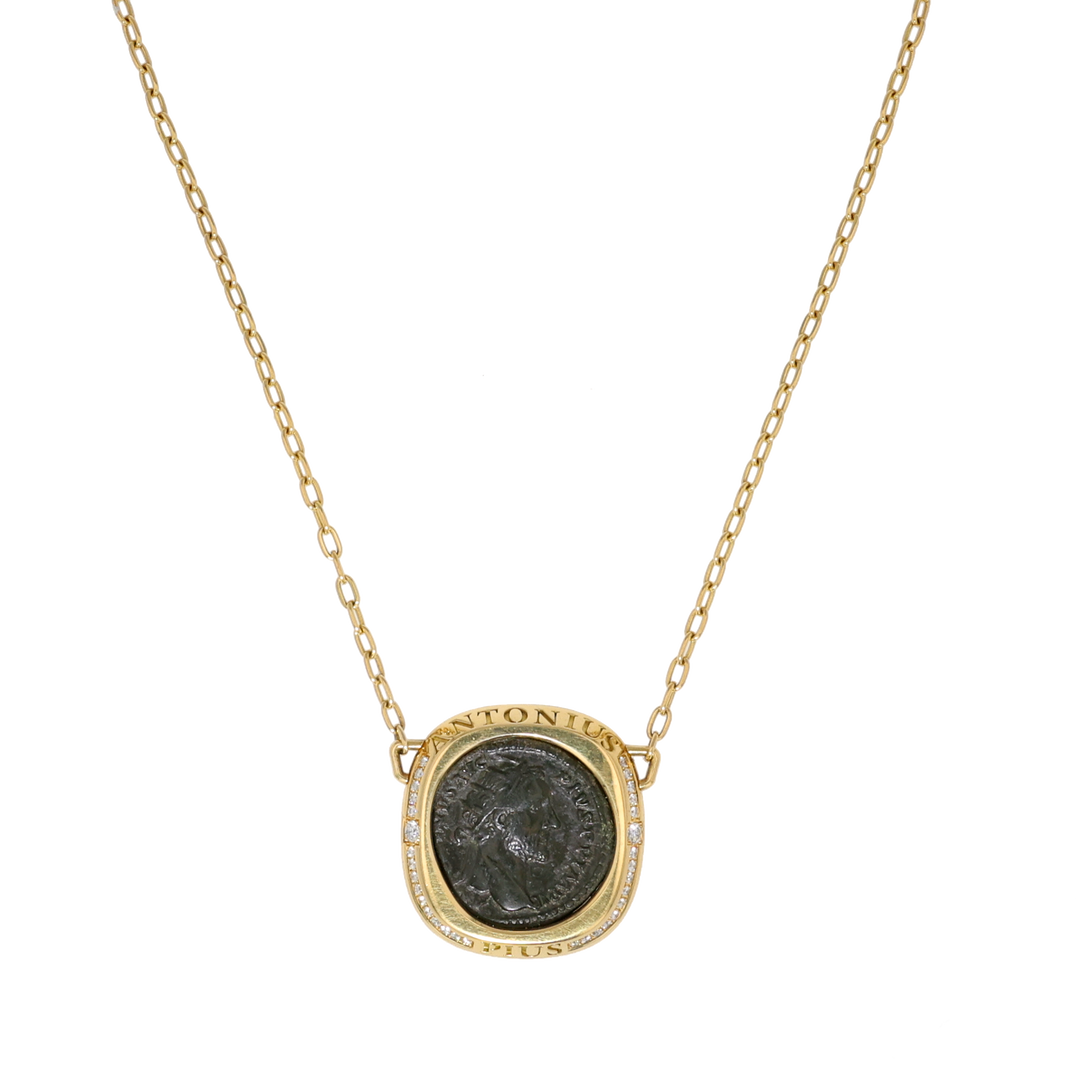 18K Yellow Gold Antoninus Pius Roman Coin and Diamond Necklace