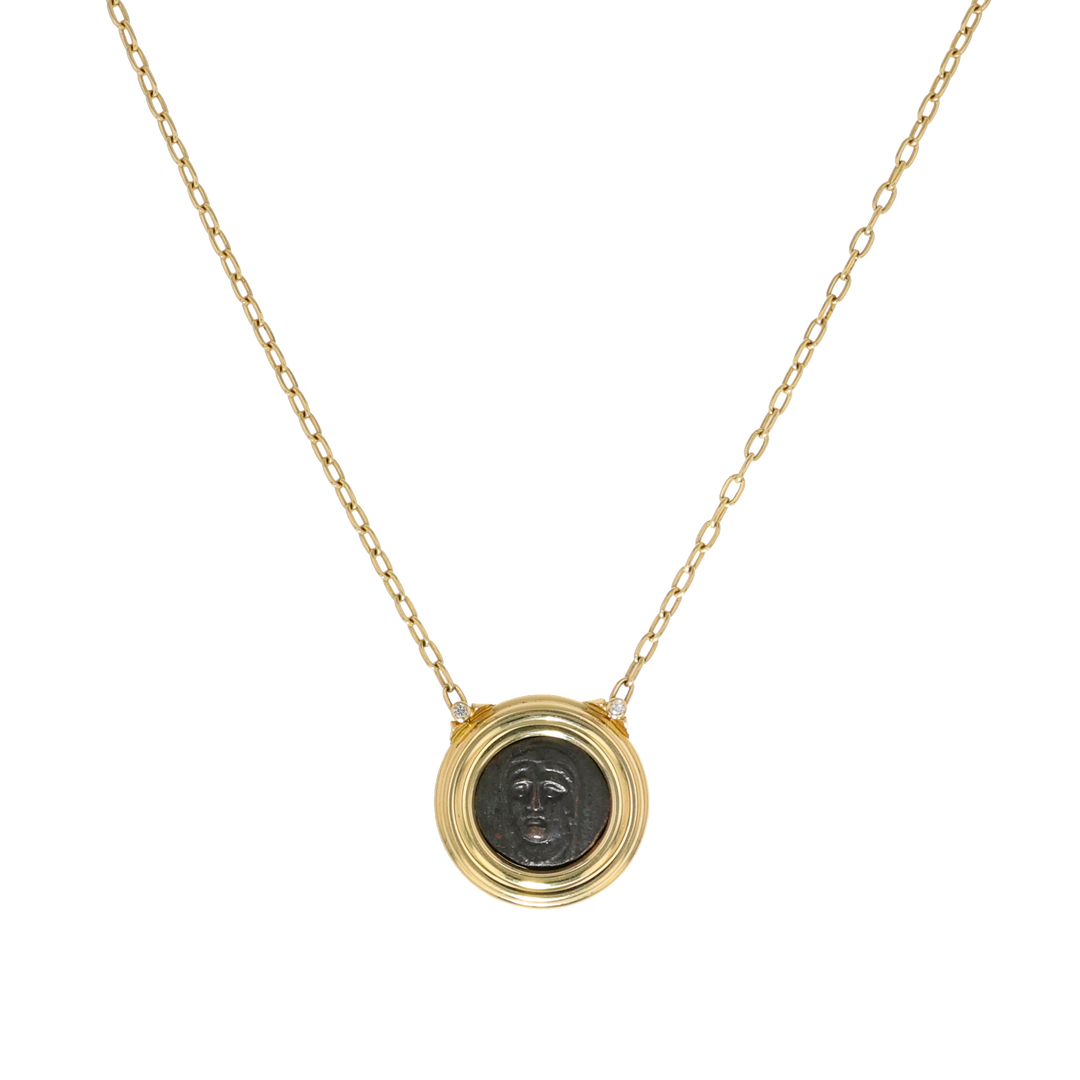 18K Yellow Gold Thessaly Perrhaiboi Bronze Coin and Diamond Necklace