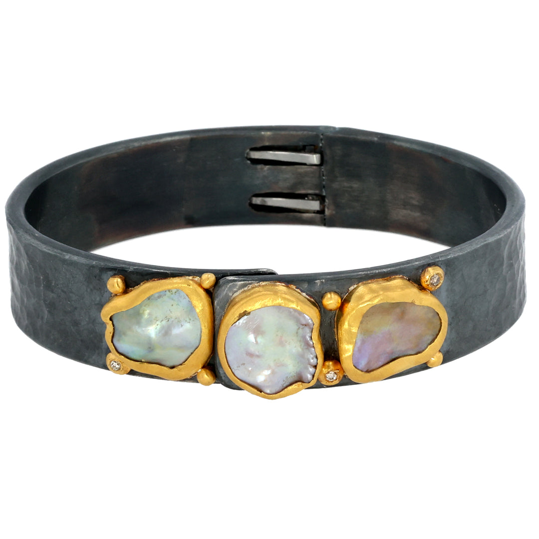 24K Yellow Gold and Oxidized Silver Katya "Latte" Keshi Pearl and Diamond Bracelet