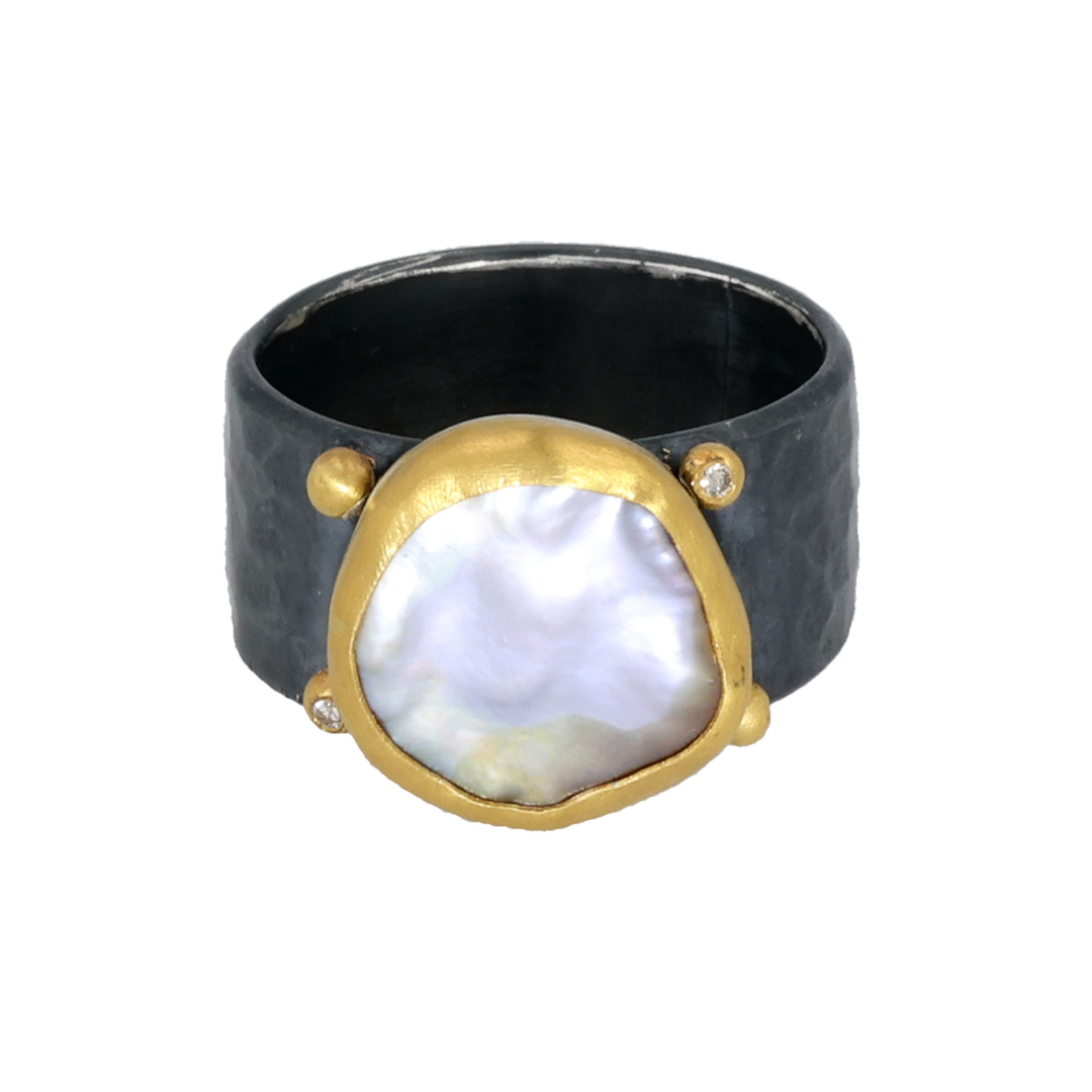 24K Yellow Gold and Oxidized Silver Keshi Pearl and Diamond Ring