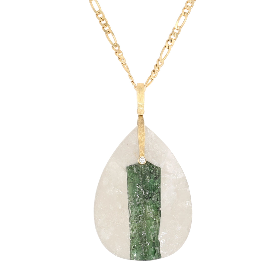 18K Yellow Gold Sticks and Stones Tourmalinated Quartz and Diamond Pendant