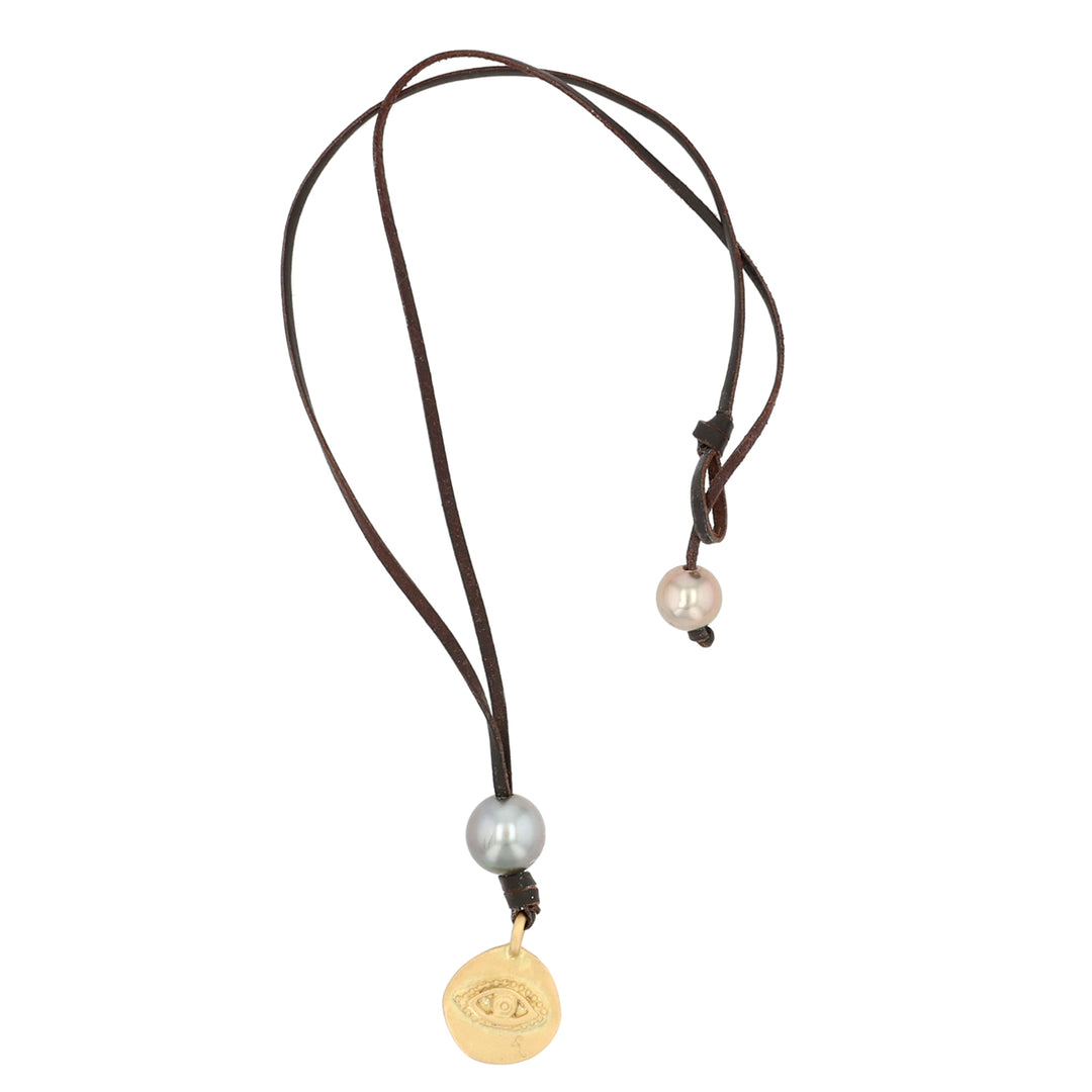 18K Yellow Gold Leather and Tahitian Pearl Eye Necklace