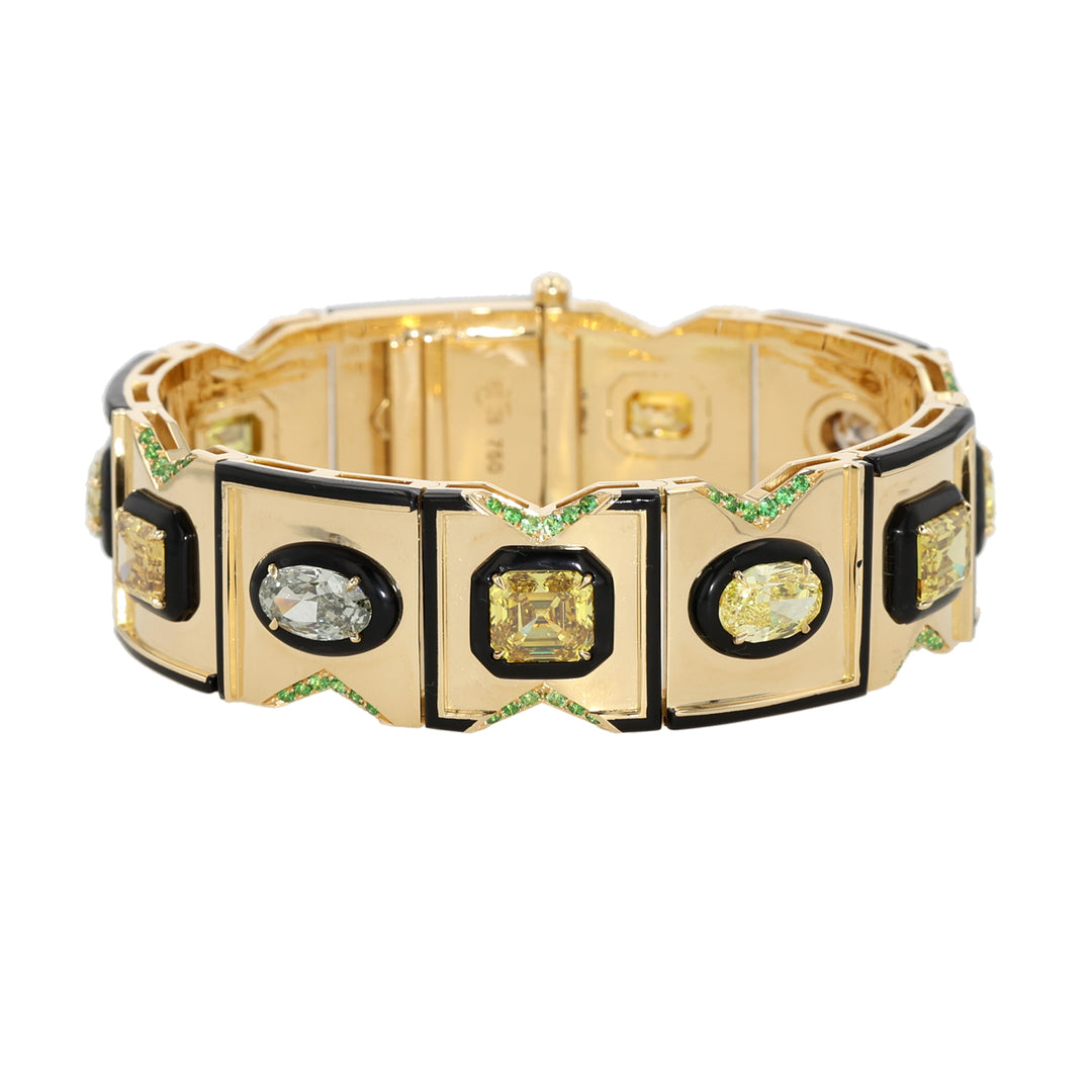 18K Yellow Gold and Black Ceramic Fancy Colored Diamond and Tsavorite Bracelet