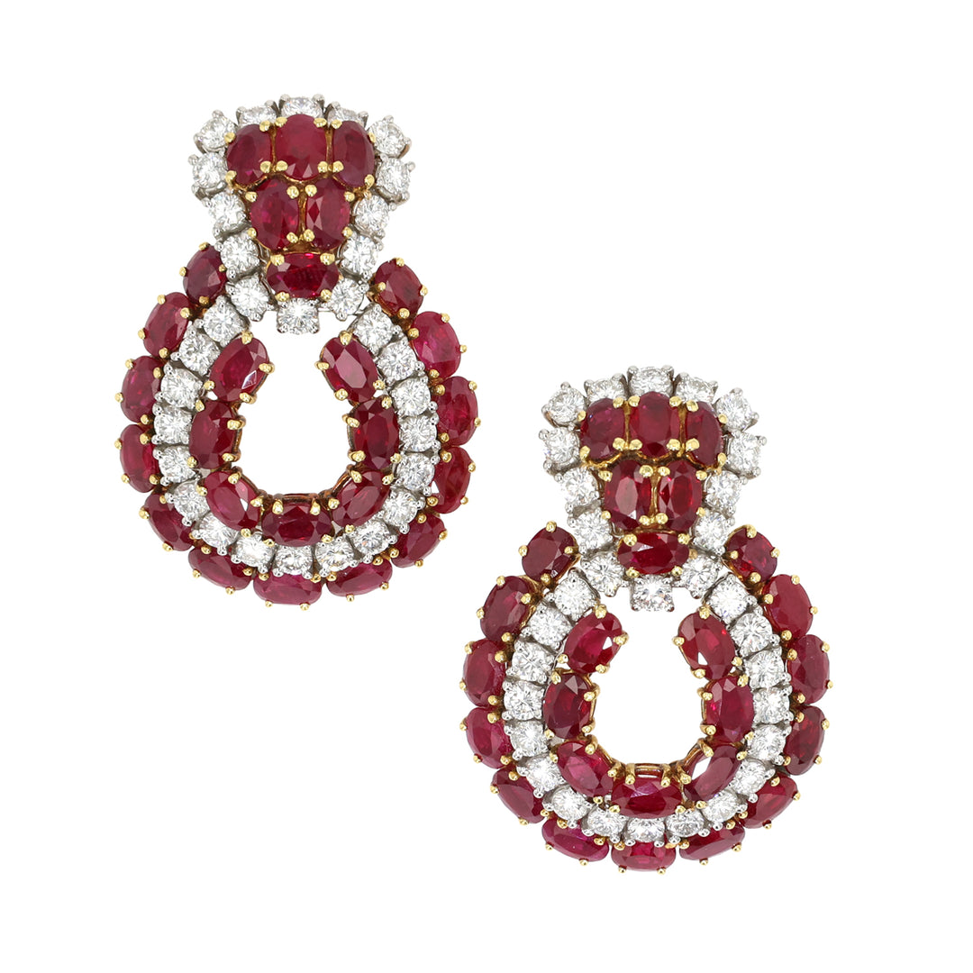 Platinum and 18K Yellow Gold Oval Burma Ruby and Diamond Earrings