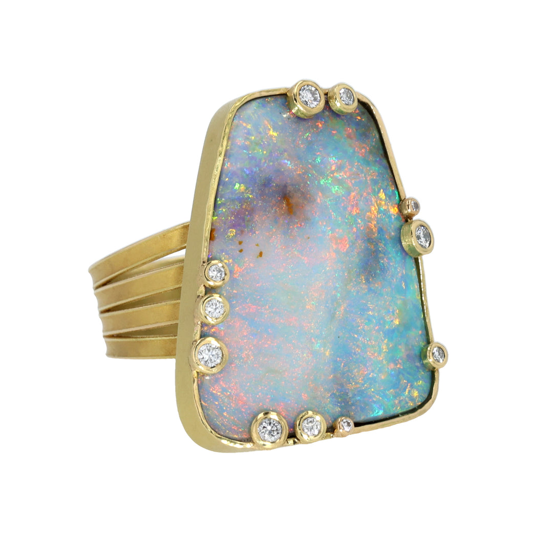18K Yellow Gold Lightning Ridge Australian Opal and Diamond Ring