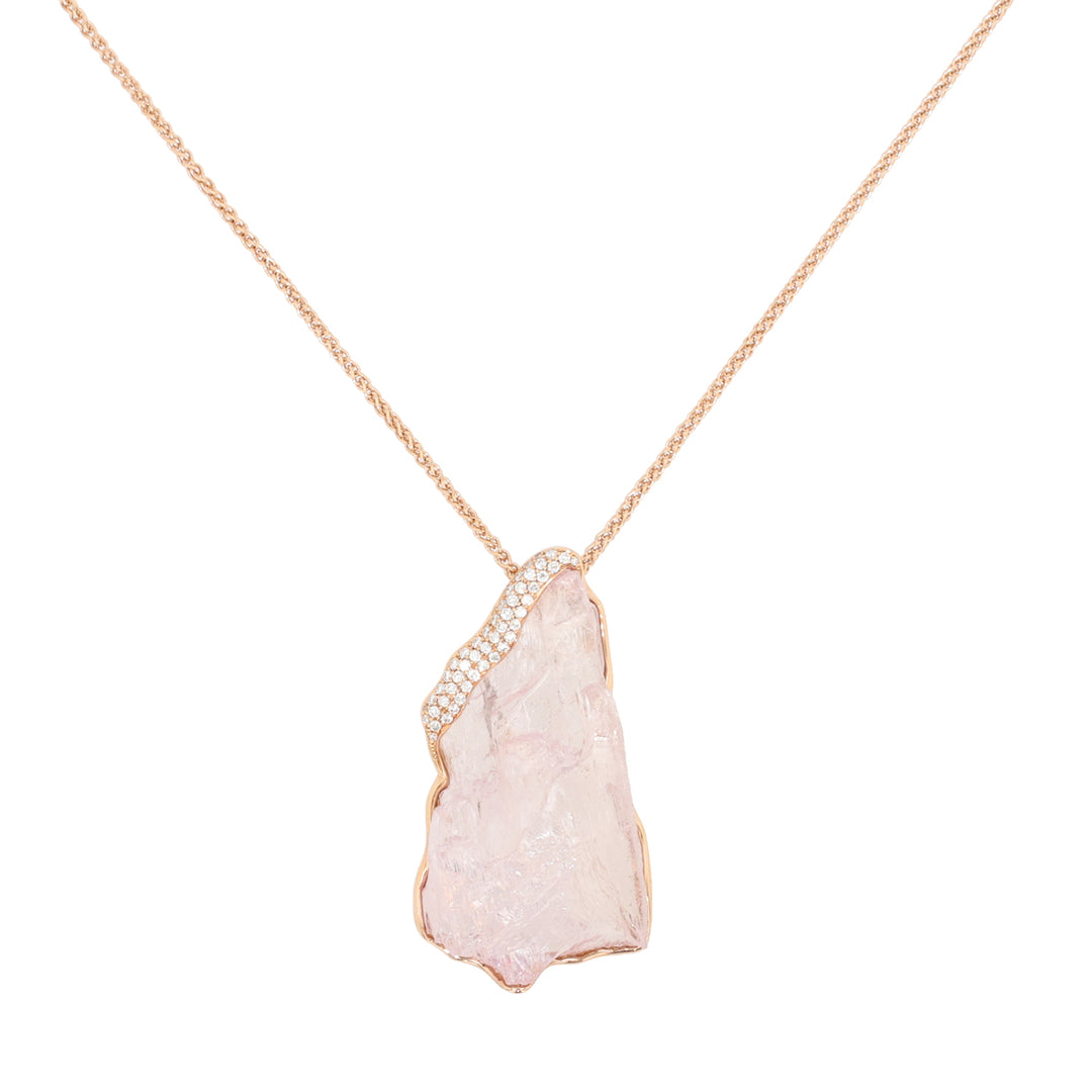 18K Rose Gold Raw Kunzite and Diamond Pendant
