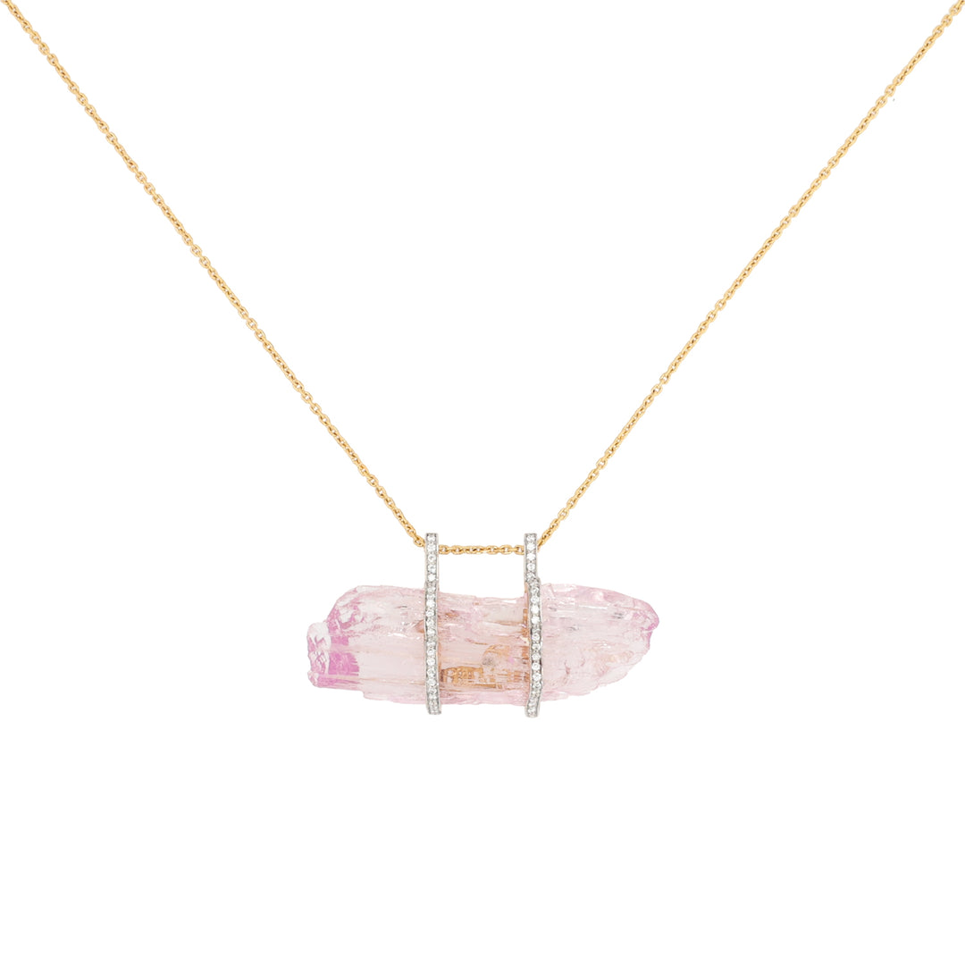18K Yellow Gold Raw Kunzite and Diamond Pendant