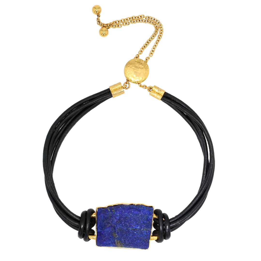 18K Yellow Gold Lapis Black Leather Bracelet