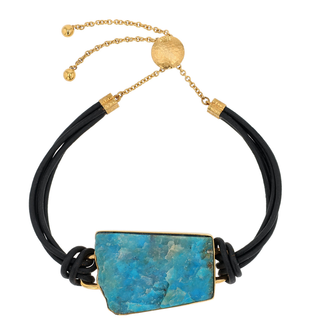 18K Yellow Gold Peruvian Opal Black Leather Bracelet