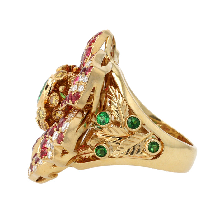 18K Yellow Gold, Red Spinel, Tsavorite &  Diamond Flower Ring