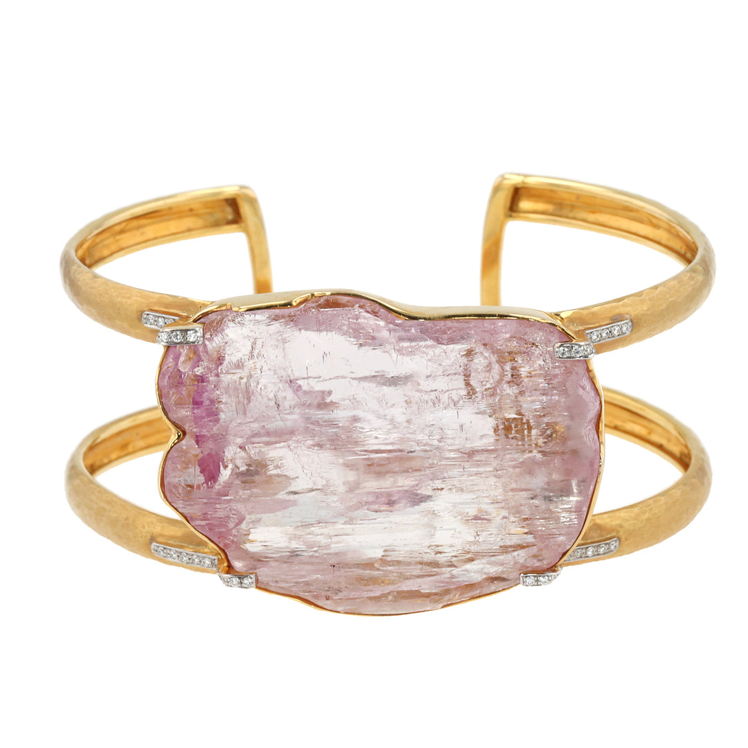 18K Yellow Gold Raw Kunzite and Diamond Cuff Bracelet
