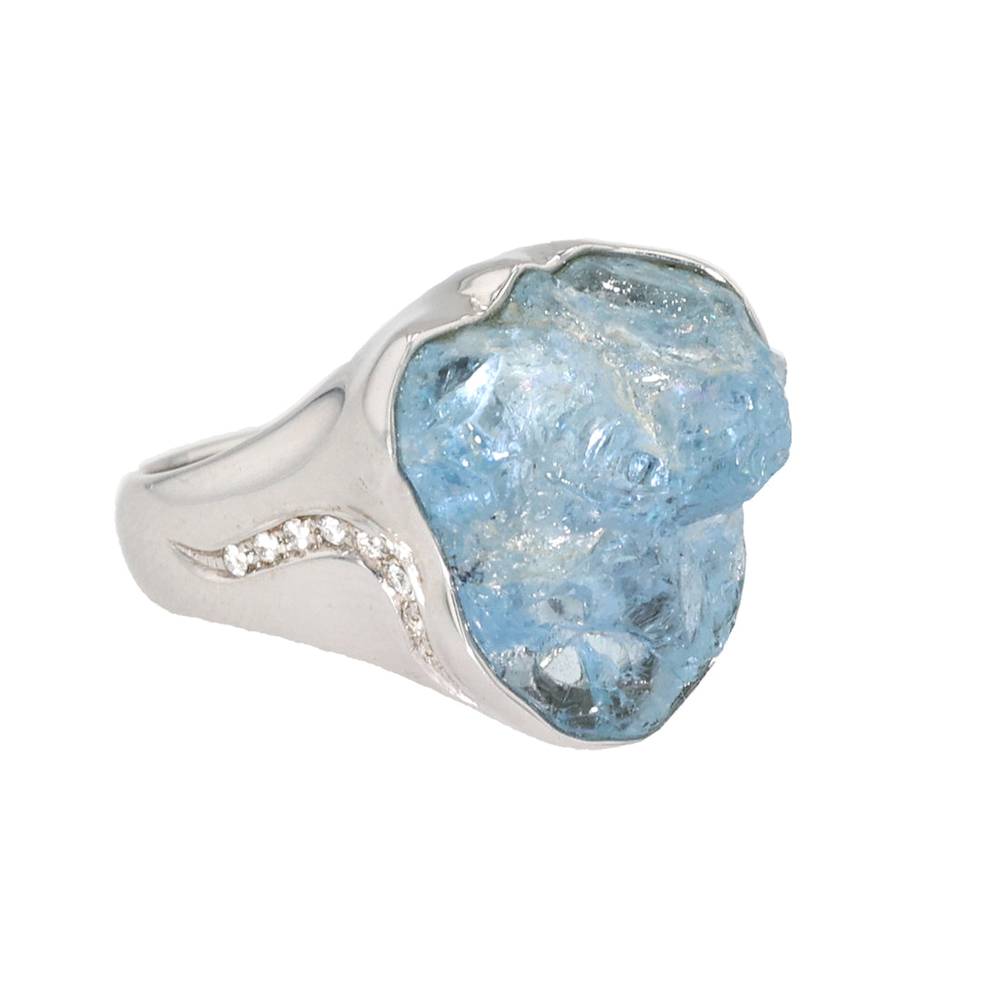 18K White Gold Raw Aquamarine and Diamond Ring