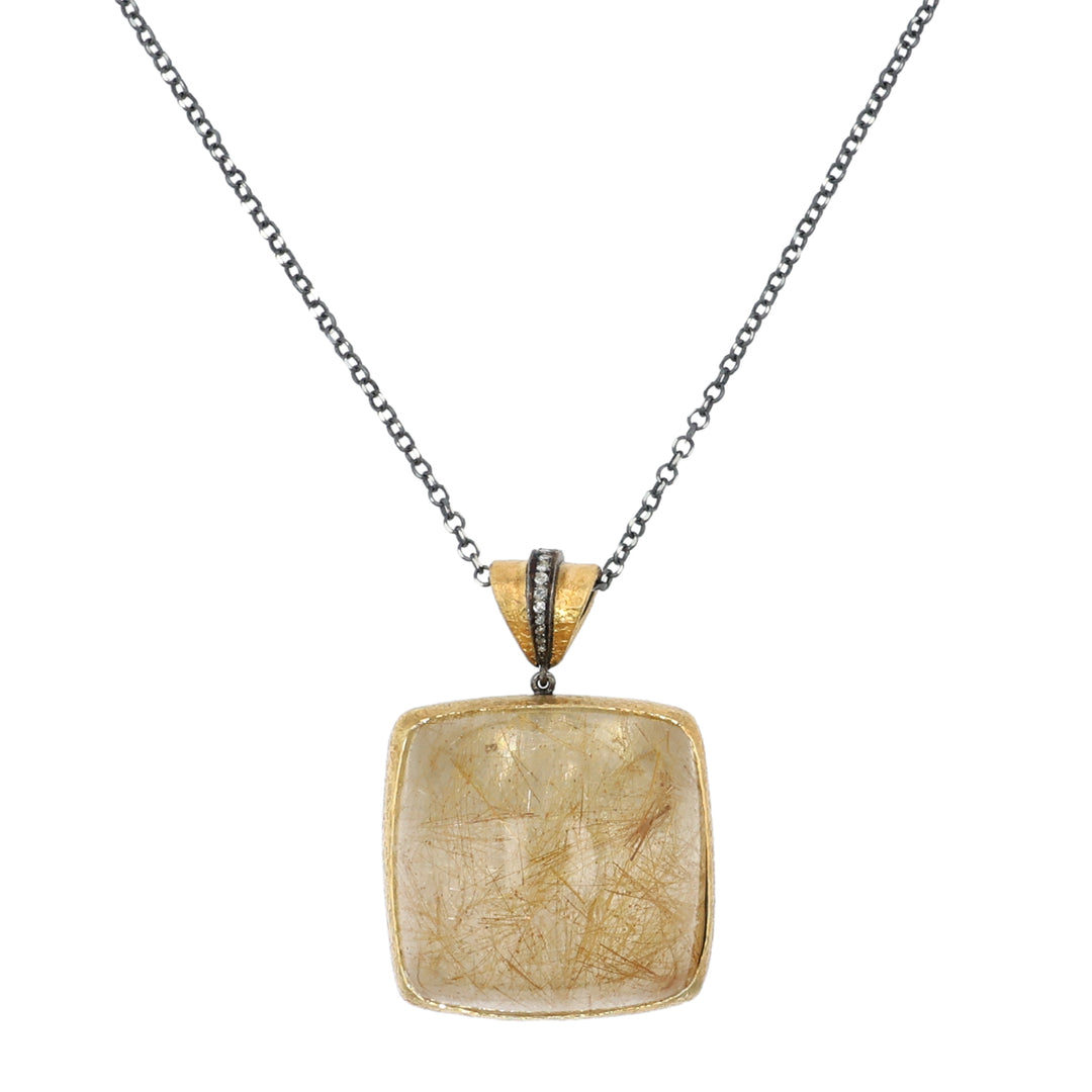 24K Yellow Gold and Sterling Silver Rutilated Quartz and Diamond Necklace