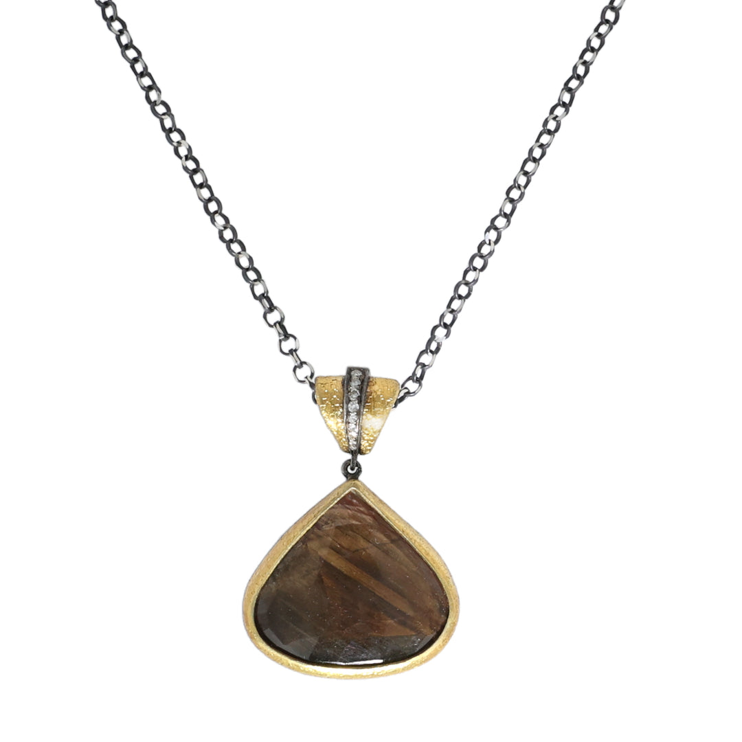 24K Yellow Gold and Sterling Silver Brown Sapphire and Diamond Necklace