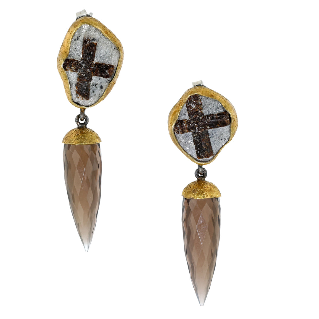 24K Yellow Gold and Sterling Silver Staurolite and Smokey Topaz Earrings
