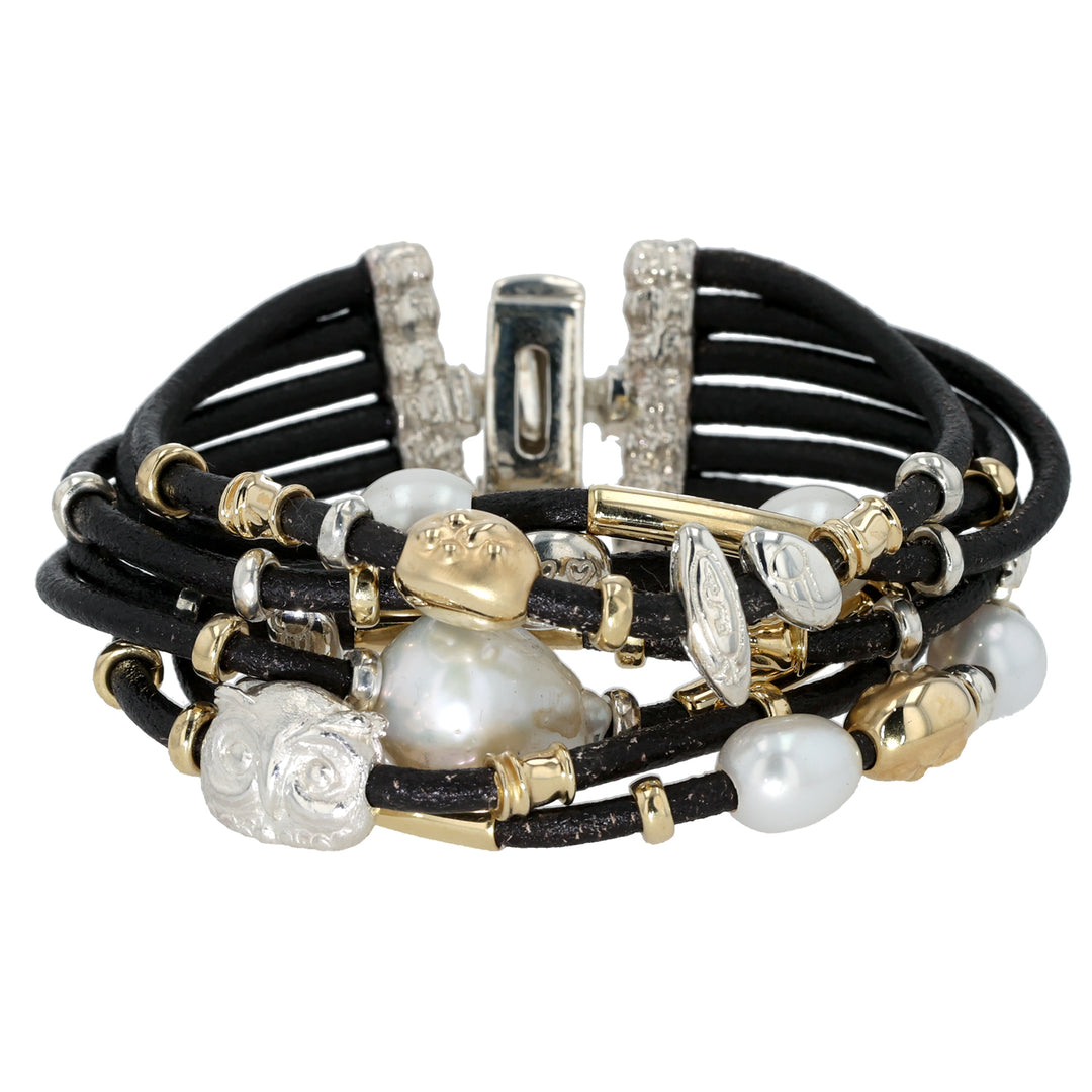 18K Yellow Gold and Silver Leather Freshwater Pearl Bracelet