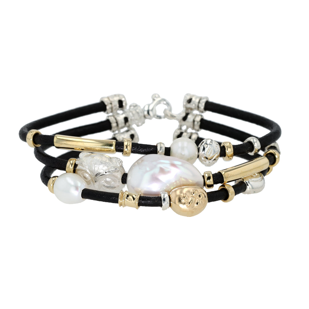 18K Yellow Gold and Silver 3 Strand Leather Freshwater Pearl Bracelet