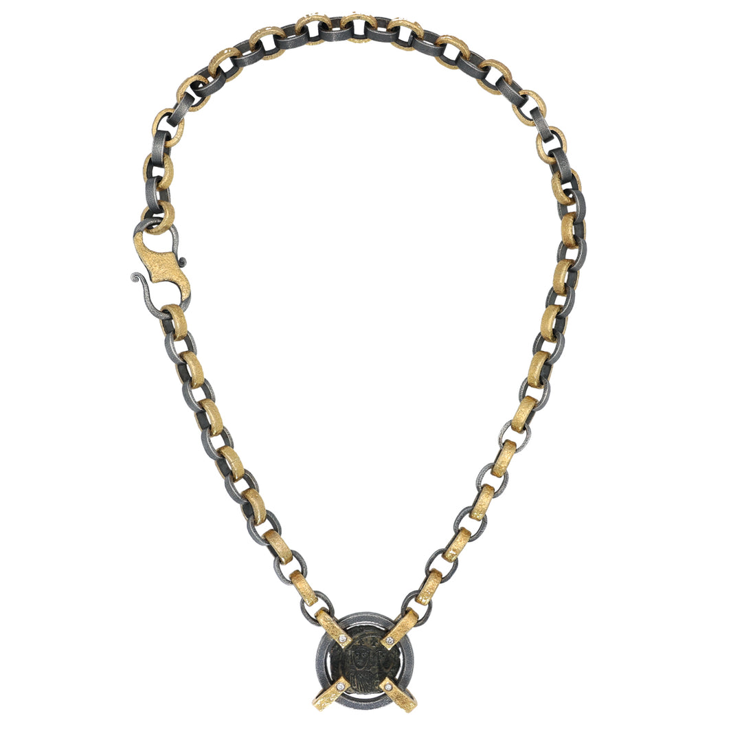 24K Yellow Gold and Sterling Silver Antique Coin and Diamond Necklace