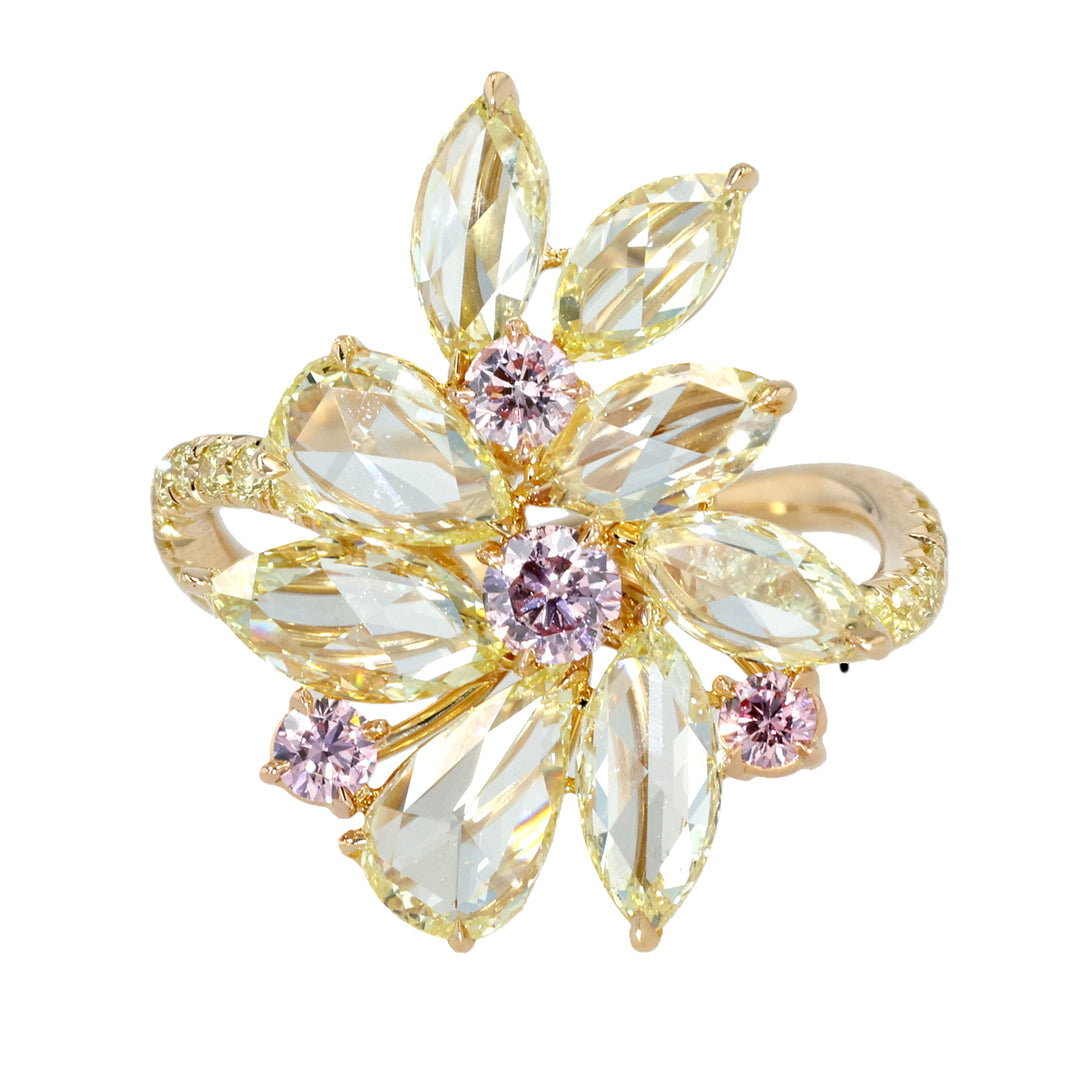 18K Yellow Gold Rose Cut Fancy Yellow, Pink and Yellow Diamond Ring