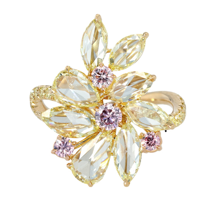 18K Yellow Gold Rose Cut Fancy Yellow, Pink and Yellow Diamond Ring